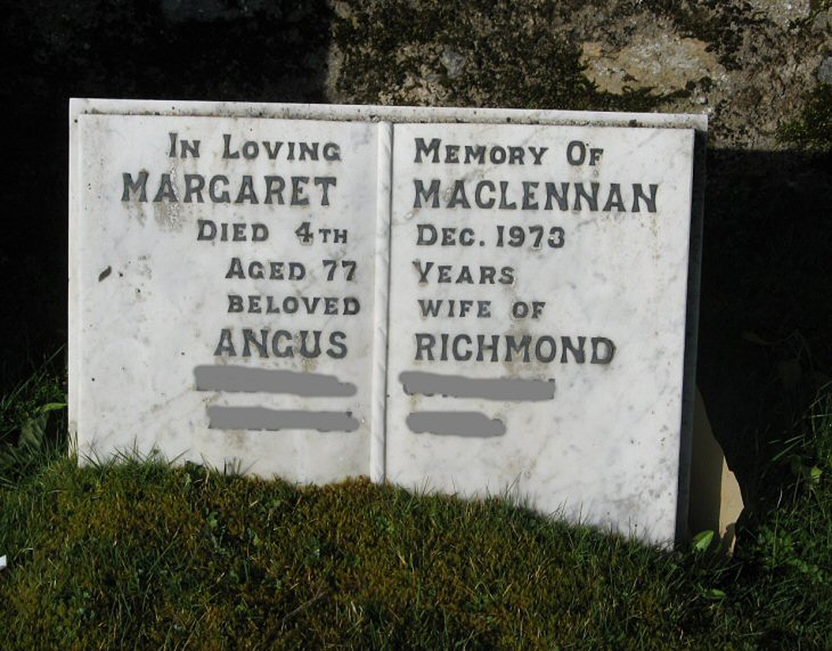 Photo of headstones/Margaret MacLennan (Richmond) died 1973 MI Fodderty